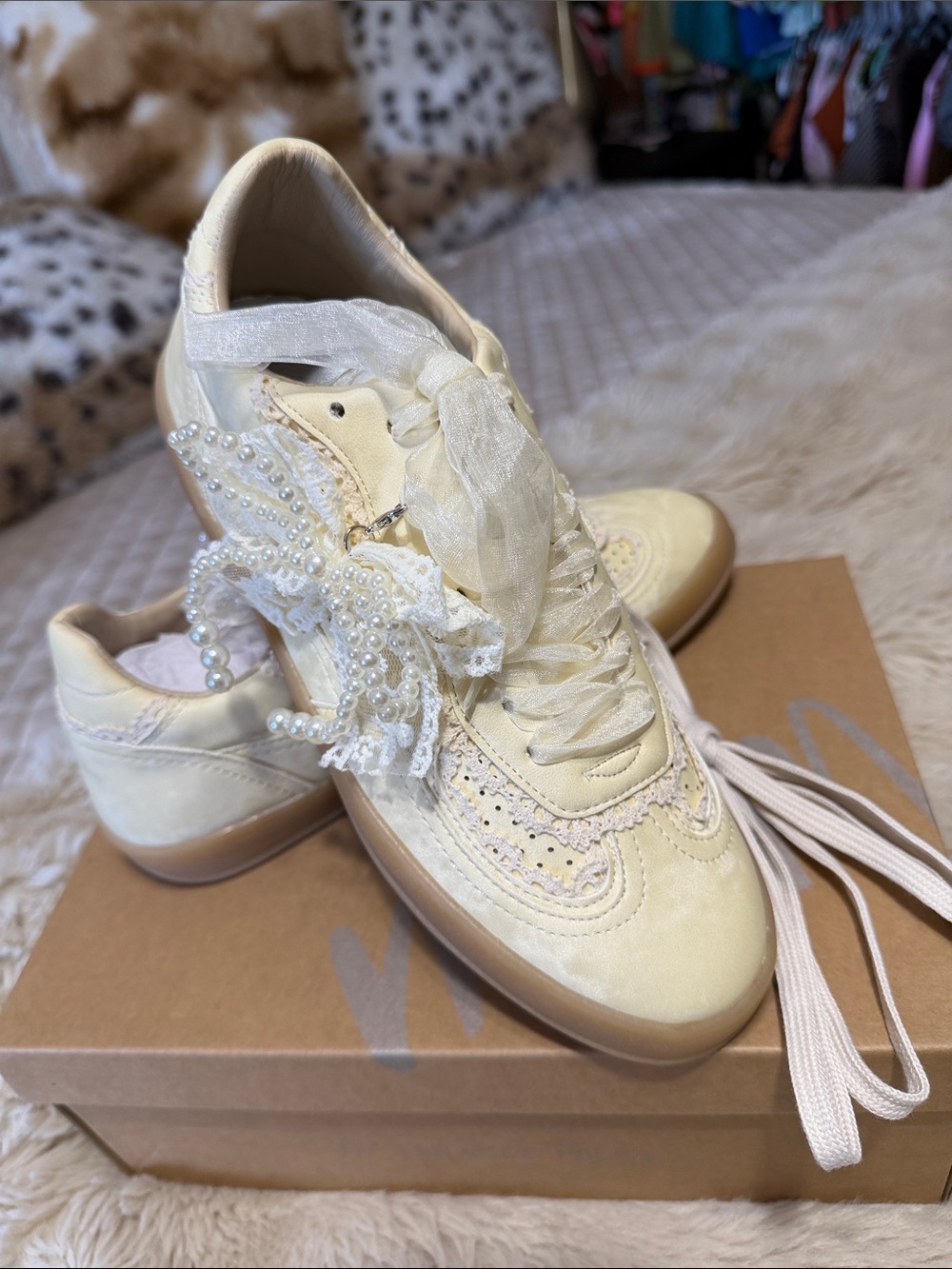 Women's Cream Lace & Pearl Embellished Sneakers